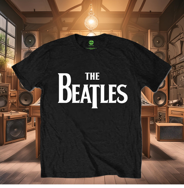 a black t - shirt with the words the beatles printed on it