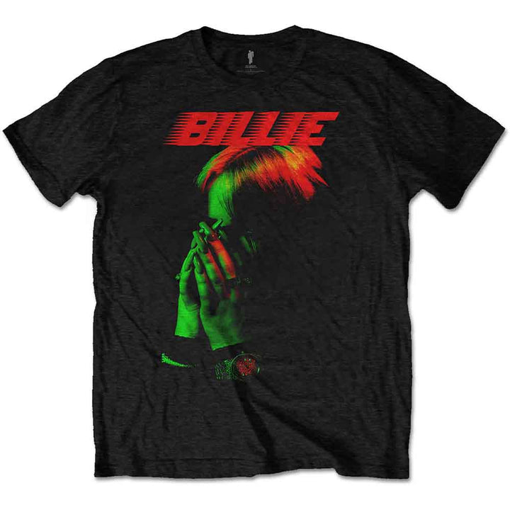 a black t - shirt with a picture of a billie holding her hands together