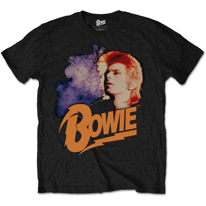 a black t - shirt with a picture of retro David Bowie Ziggy era