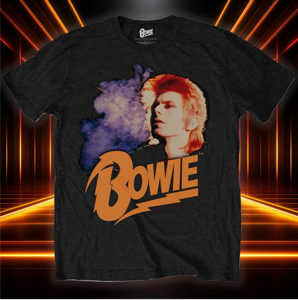 a black t - shirt with a picture of retro David Bowie Ziggy era