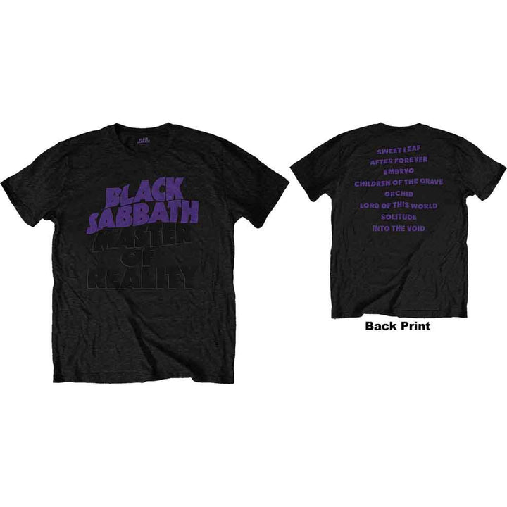 a black shirt with purple writing on it