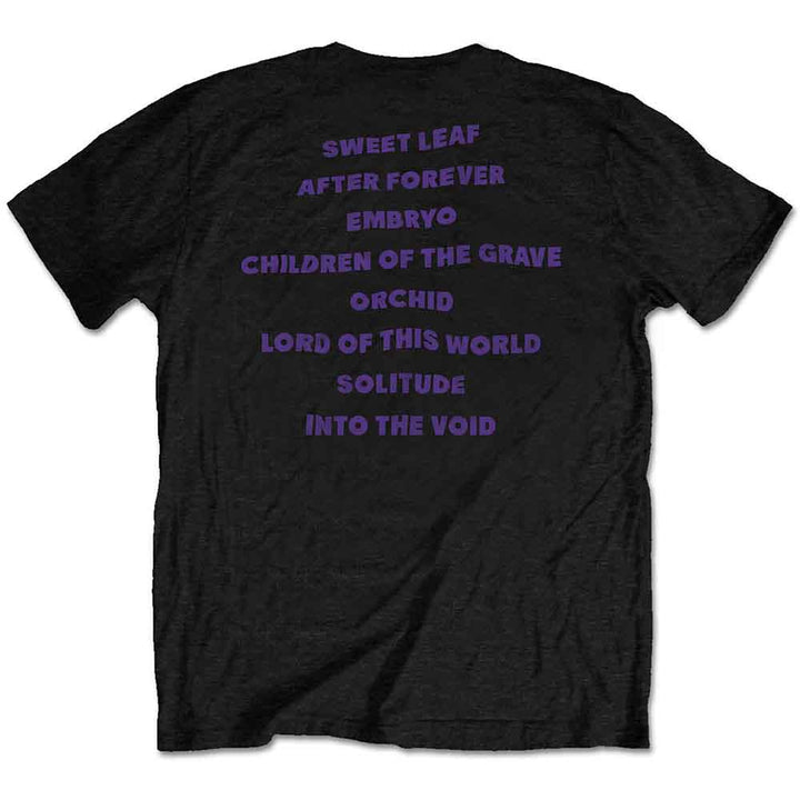 a black t - shirt with purple writing on it