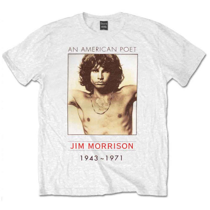 a white t - shirt with an image of Jim Morrison