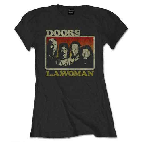 a women's black t - shirt with a picture of the doors on it