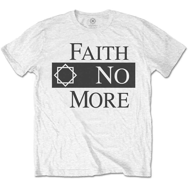 a white t - shirt that says faith no more