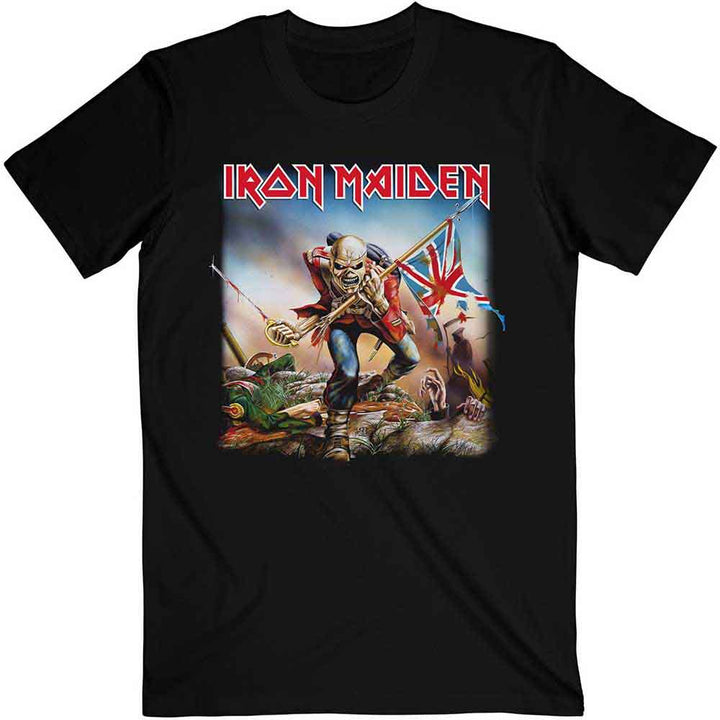 a black iron maiden t - shirt with an image of a the classic Trooper graphic