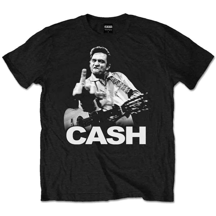 a black t - shirt with a picture of Johnny Cash playing a guitar