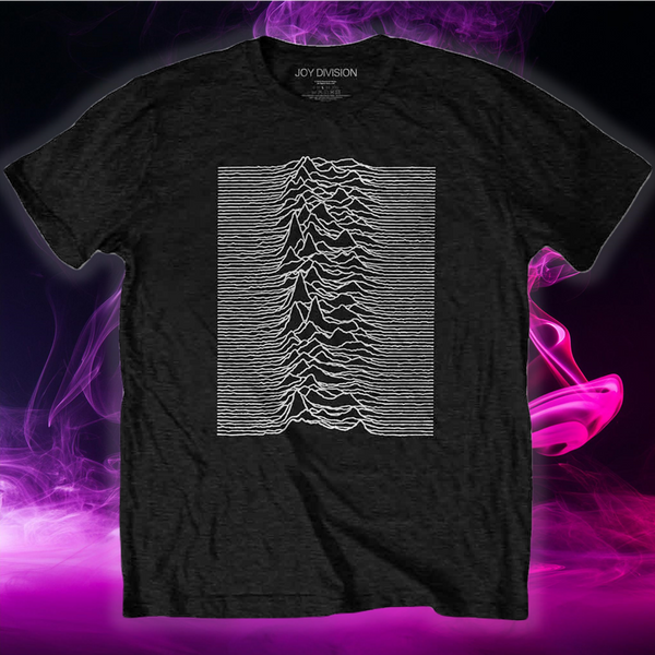 a black t - shirt with the Joy DIvision classic graphic and back print