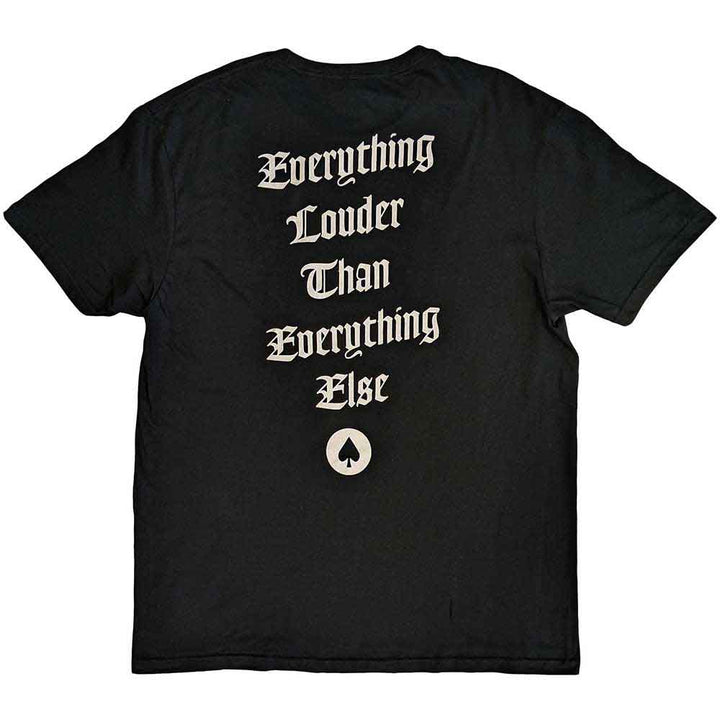 a black t - shirt with white writing on it