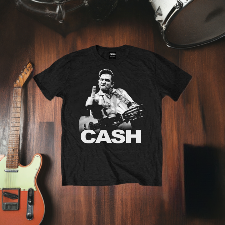 a black shirt with a picture of Johnny Cash playing a guitar